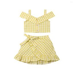 Clothing Sets 1-5Y Toddler Baby Girls Plaid Clothes Off Shoulder Crop Top Ruffles Tutu Skirts Yellow Outfit