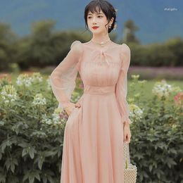 Casual Dresses Spring Solid Color Mesh Fairy Dress Woman Vintage Puff Sleeve Princess High Waist Elegant Female K383