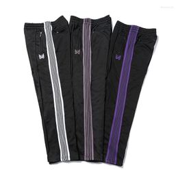 Men's Pants Women Men Striped Zipper AWGE Butterfly Embroidery Joggers Needles Trousers 2023 Sweatpants Y2k