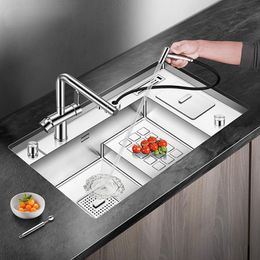 304 Stainless Steel Kitchen Stepped Sink 4mm Thickness 220mm Depth Large Size Handmade Brushed With Trash Can Sinks