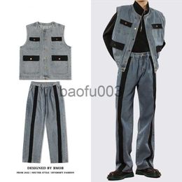 Men's Tracksuits HOUZHOU Men's Sets Cargo Denim 2 Piece Outfits Male Patchwear Jeans Pants + Vests Sleeveless Casual Korean Streetwear Hip Hop J230803