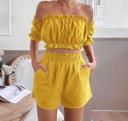 Women's Tracksuits Two Piece Sets Womens Outifits Elegant Fashion Versatile Short Sleeved Off Shoulder Shirt 2023 Summer Sexy Navel Suit