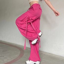 Women's Pants Capris Pink Y2K Cargo Pants Woman Loose Pocket Trousers Wide Leg Pink Sashes Belt Campus Female High Street Baggy Wide Leg Trousers 230802