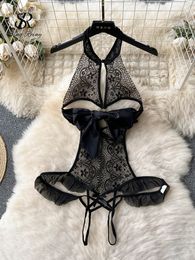 Sexy Skirt SINGREINY Bow Halter Sheer Playsuits Retro Hollow Out Erotic Slim Rompers Open crotch Women Sexy Backless Lace Lingerie Bodysuit 230803