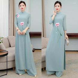 Ethnic Clothing 2023 Women Flower Printing Aodai Vietnam Cheongsam Set Chinese Traditional Dress Top Pants