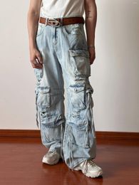 Men's Jeans Frayed Washed Multi-pocket Retro Street Trend Loose Oversized Straight Wide-leg 2023 Y2K Ripped Overalls