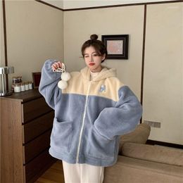 Women's Hoodies MINGLIUSILI Pink And White Colorblock Hoodie For Women Cute Student Embroidery Winter Lamb Fleece Coat Oversized