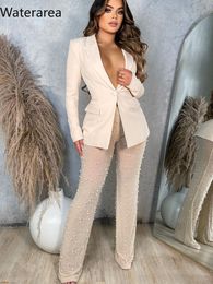 Women s Two Piece Pants Waterarea Blazer Suit with Beaded Mesh See Through Trousers Sexy 2 Set Winter Suits for Women Office Wear 230803