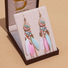 Stud Bohemian Ethnic Long Feather Earrings Boho Water Drop Gold Colour Chain Tassel for Women Bride Wedding Party Jewellery 230802