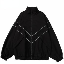 Mens Jackets Hip Hop Street Reflective Striped Coat Women Coats Zipper Windbreaker Harajuku Thin Baseball Jacket Black Sports 230803