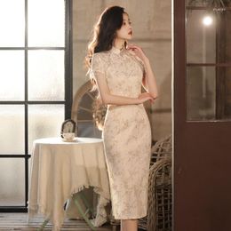Ethnic Clothing Chinese Style Gilded Chiffon Cheongsam Spring 2023 Short Sleeved Vintage Girls Improved Stylish Young Gentle Qipao