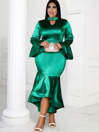 Plus size Dresses Green Satin V Neck Cut Out Long Flare Sleeve Boydcon Irregular Ruffles Mermaid Evening Cocktail Party Outfits for Women 230803