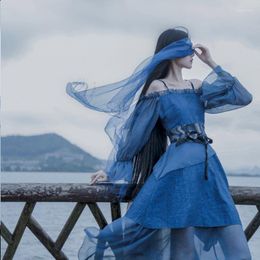 Ethnic Clothing Blue Kimono Japanese Traditional Dresses For Woman Veil Obi Belt Summer Suspender Skirt Fairy Dress Yukata Solid Off