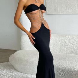 Casual Dresses Women Fashion Halter Chain Hollow Out Dress Sexy Strapless Low Waist Black Nightclub Club Female Backless Slim Gown