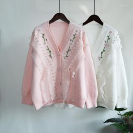 Women's Sweaters Kawaii Pink Colour Ruffles Women Cardigan Full Sleeves Floral Embroidery Sweet Loose Casual Knitting Jackets Lady Jumpers