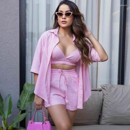 Women's Tracksuits Beach 3 Piece Sets Women Outfits Summer Shorts Suits Long Sleeve Pink Shirt Bra Elegant Vacation Matching