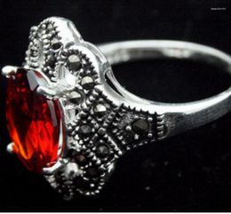 Cluster Rings 925 S SILVER 17 22mm FACETED RED MARCASITE RING SIZE 7/8/9/10 Anniverary Gift