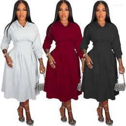 Casual Dresses Solid Women Mid Calf Hooded Dress Autumn Winter Long Sleeve High Waist Shaped Outfits Nightclub Party Pleated Vestidos