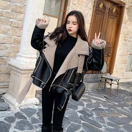 Women's Leather Fall/Winter Korean Large Lapel Motorcycle Lambswool Jacket Women Lamb Wool Fur One Fashion Loose Belt Thicken Warm Short