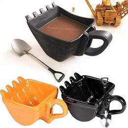 Tumblers 3D Yellow Excavator Bucket Model Cafe Coffee Mug With Spade Shovel Spoon Funny Digger Ashtray Cake Container Tea Cup OrangeBlack 230802