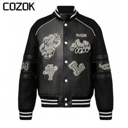 Mens Jackets PU Leather Jacket Men Women Autumn Loose High Street Letter Print Motorcycle Baseball Bomber Outwear Casual Vintage Coat 230803