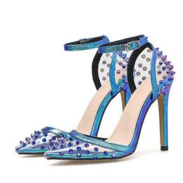 Sandals Elegant Blue High Heels Women Pumps Pointed Toe Wedding Shoes Buckle Strap Party Rivet 220232