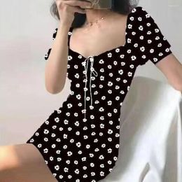 Casual Dresses Woman's Elegant Puff Sleeve Party Autumn Robe Summer Boho Tie Neck Floral Print Mini Sexy White Bodycon Dress