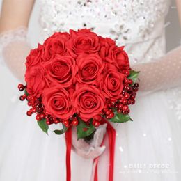 Decorative Flowers Real Touch Rose High Simulation Artificial Wedding Bouquet For Brides / Bridesmaids Pink Red Bridal