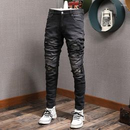 Men's Jeans Street Fashion Men Retro Black Grey Elastic Slim Fit Destroyed Ripped Patched Designer Brand Hip Hop Denim Pants