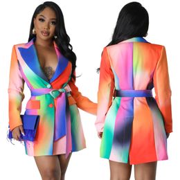 Women Blazers Work Office Dress Scuba Rainbow Stripes Print Shawl Collar Long Sleeve Extra Woman Lady Coat with Pocket Waistband