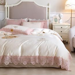 Bedding Sets Luxury White Pink Lace Edge Embroidery Egyptian Cotton Set Duvet Cover Bed Linen Fitted Sheet Pillowcases Textile