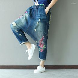 Women's Jeans #2202 Blue Harem Denim Women Embroidery Floral Ripped For Elastic Waisted Ladies Loose Ankle-length