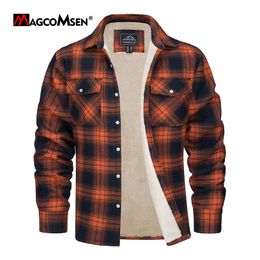 Men's Jackets MAGCOMSEN Men's Fleece Plaid Flannel Shirt Jacket Button Up Casual Cotton Jacket Thicken Warm Spring Work Coat Sherpa Outerwear 230803