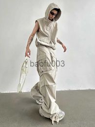 Men's Tracksuits HOUZHOU Cargo Pants Sets Vest Hooded Summer 2 Piece Outfit Japanese Sleeveless Suit Male Korean Streetwear Hip Hop Plus Size 5XL J230803