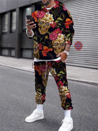 Men's Tracksuits Men's 2 Piece Hoodie Set Flowers Skeleton Print Tracksuit Vintage Outfit Casual Stylish Suit Comfortable Daily Clothing With Hat J230803