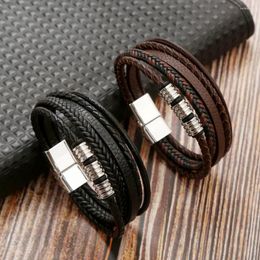 Bangle Classic Multilayer Leather Rope Bracelet With Magnetic Clasp Genuine Braided Bracelets For Men