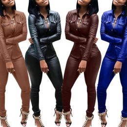 Women's Two Piece Pants 2023 Women Casual Solid Color Faux Leather Turn Down Collar Shirt Two-piece Set Polyester Long Sleeve Clothes