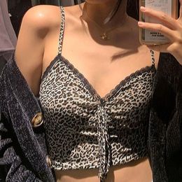 Women's Tanks Camis Sexy Spaghetti Strap V Neck Leopard Print Top Ladies Tie Front Up Camisole Black Lace Patchwork Y2k Crop Mujer Summer 230802