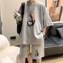 Men's Tracksuits Harajuku Printed Waffle Short-sleeved T-shirts Suit Summer Plus Size Causal Loose High Street Sports Top Shorts Male