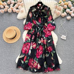 Casual Dresses Runway Floral Print Midi Chiffon Dress Summer Women Bow Collar Bohemian Vacation Beach Vestidos Vintage Elegant Robes N1955