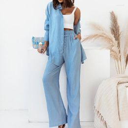 Women's Blouses Casual Loose Two Piece Suit Women Clothing Fashion Long Sleeve Shirt Pocket Drawstring Wide Leg Pants 2 Sets Outfits 26789