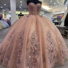 Champagne Off Shoulder Lace Applique Flower Quinceanera Dresses Ball Gown Tulle Pageant Prom Party Dresses Sweet 15 16