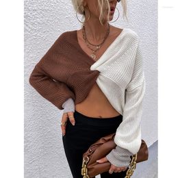 Women's Sweaters 2023 Autumn And Winter European American Fashion Knot Color Matching Cropped Navel V-neck Pullover Sweater Trend