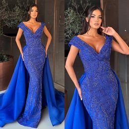 Gorgeous Royal Blue Mermaid Evening Dresses Overskirts V Neck Beads Crystal Formal Party Prom Dress Red Carpet Long Dresses for special occasion