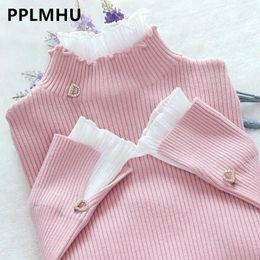 Women's Sweaters Korean Patchwork Warm Sweater Women Elegant Long Sleeve Slim Turtleneck Knitted Pink Tops Chic Ruffle Pullover Fake 2 Pieces 230803