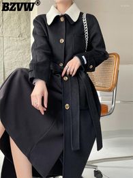 Women's Trench Coats BZVW Temperament Woollen Collar Overcoat Women 2023 Winter Trendy Fashion Lace-up Waist Vintage High-end Coat Female