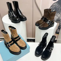 Lüks tasarımcı botlar plartform inek derisi kadın ayakkabılar yuvarlak kafa çift toka moda kısa patik rahat kalın taban ayak bileği bot 35-41