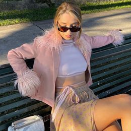 Women's Jackets Women's Autumn High Waist Single-breasted Stitching Pink Sweet Furry Collar Lapel Slim Woolen Winter Coat Jackets For Women 230803