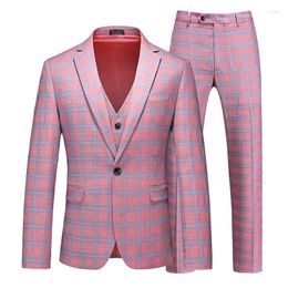 Men's Suits (Jacket Vest Pants) Suit Three-piece Plaid Slim-Fit Tuxedo Boutique Business Fashion Clothing Set