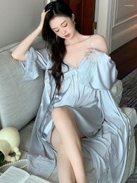 Women's Sleepwear Women Sexy Spaghetti Strap Nightgowns Sleeping Dress Spring Autumn Elegant Silk French Fairy Morning Robe Home Two Piece